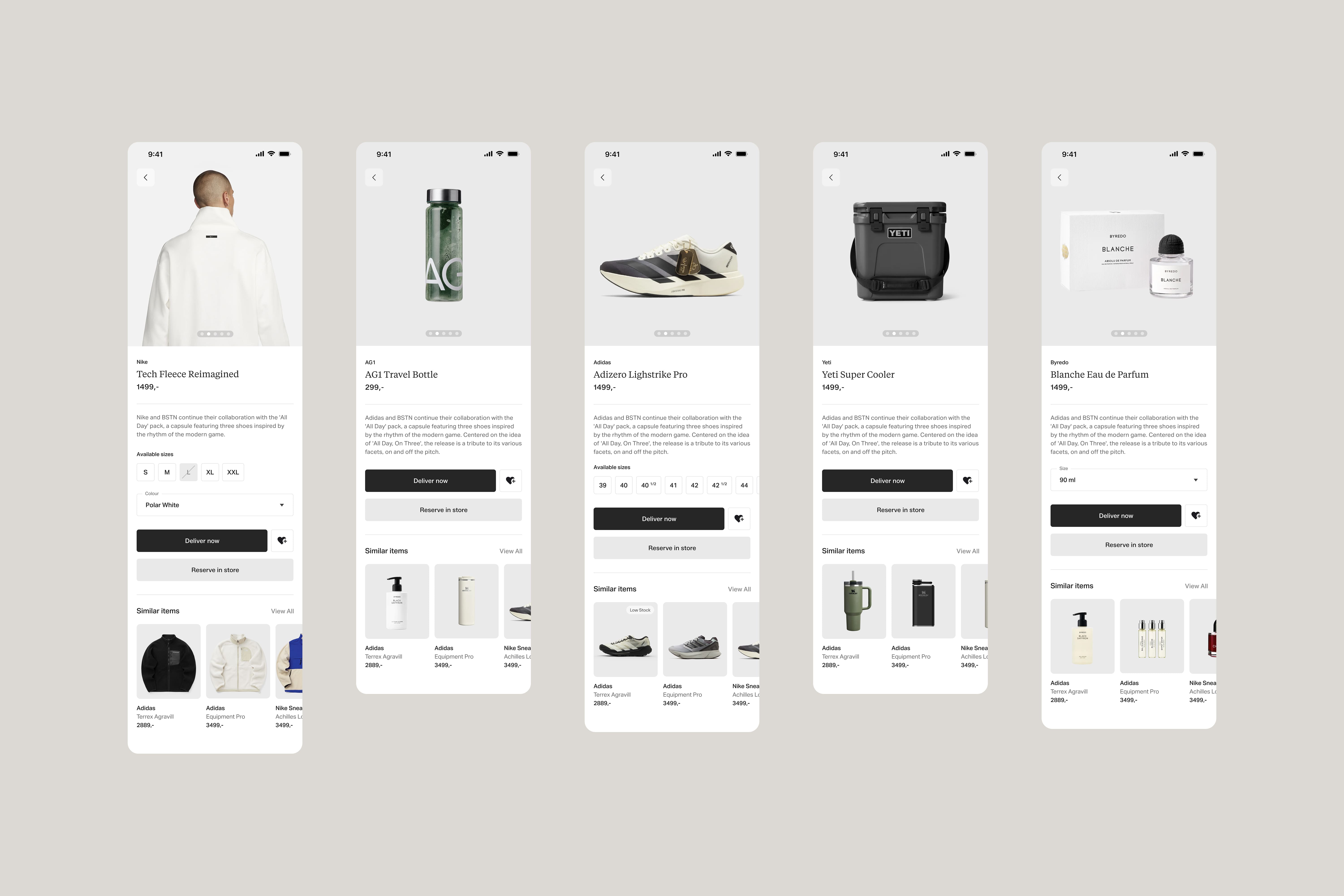 Five Kvarter product pages showing how the interface adapts to different products and image treatments.