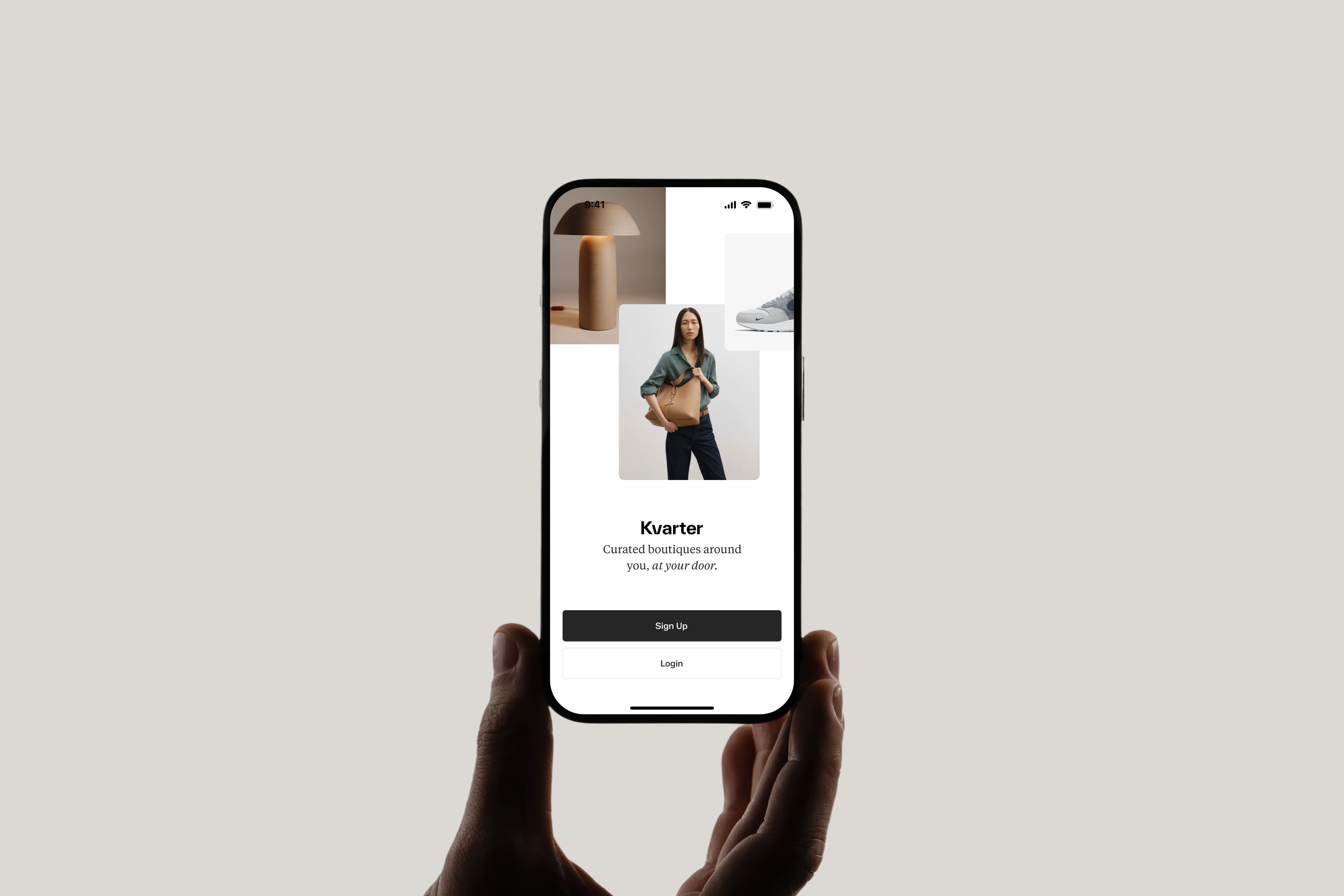 Opening screens of the Kvarter app showing an editorial, product-led home experience.