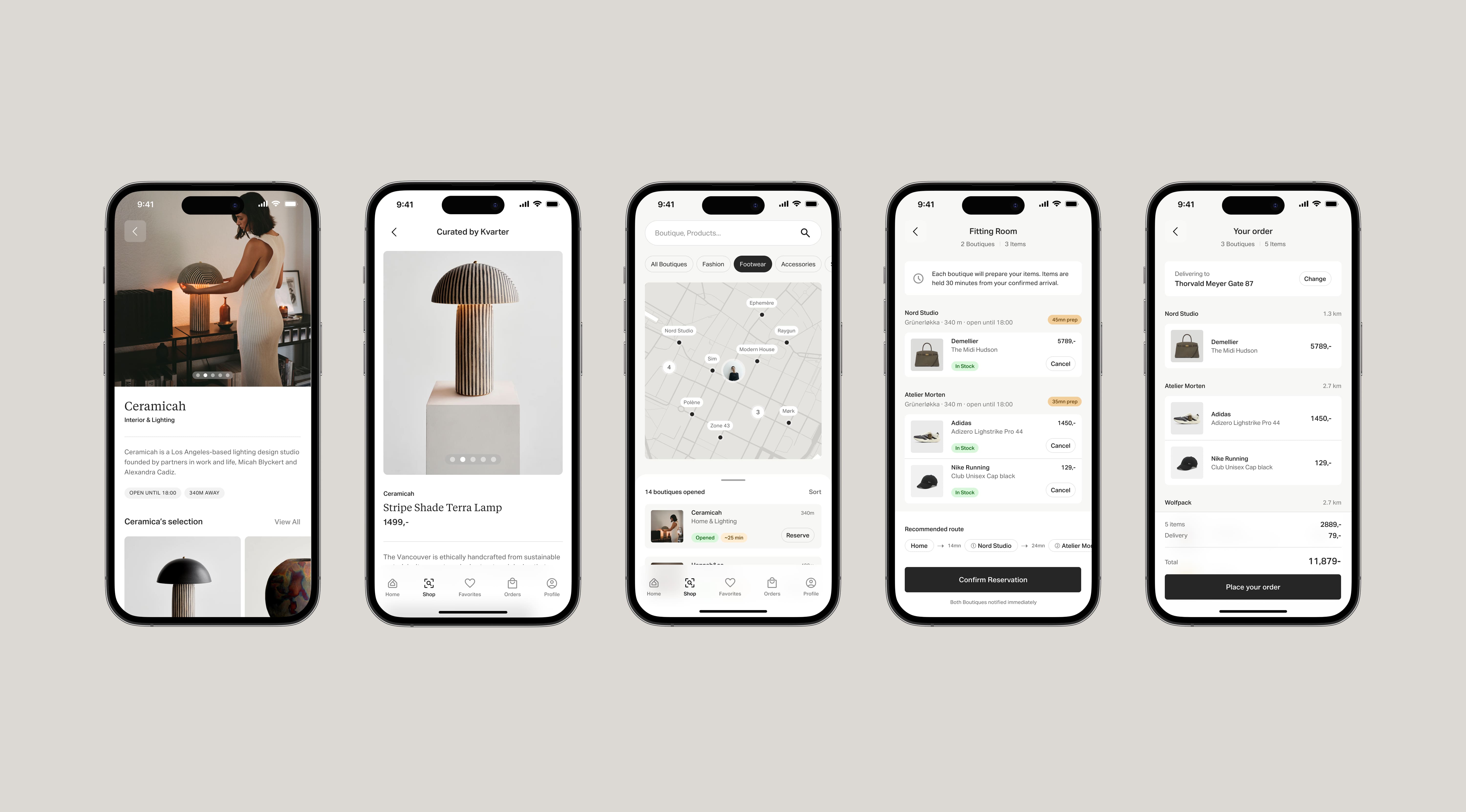 Kvarter screens showing a boutique page, a product page, the explore map, a fitting room view, and an order screen within one user app.